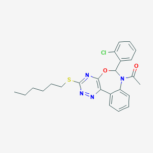 molecular formula C24H25ClN4O2S B307957 1-[6-(2-chlorophenyl)-3-(hexylsulfanyl)[1,2,4]triazino[5,6-d][3,1]benzoxazepin-7(6H)-yl]ethanone 