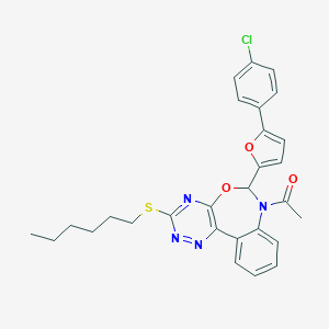molecular formula C28H27ClN4O3S B307959 1-{6-[5-(4-chlorophenyl)furan-2-yl]-3-(hexylsulfanyl)[1,2,4]triazino[5,6-d][3,1]benzoxazepin-7(6H)-yl}ethanone 