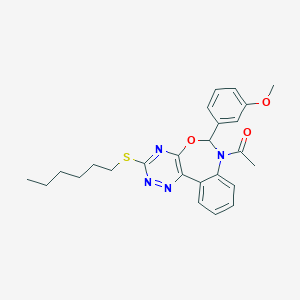molecular formula C25H28N4O3S B307965 1-[3-(hexylsulfanyl)-6-(3-methoxyphenyl)[1,2,4]triazino[5,6-d][3,1]benzoxazepin-7(6H)-yl]ethanone 