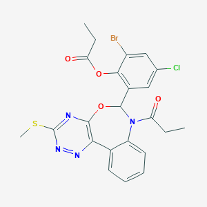 molecular formula C23H20BrClN4O4S B307966 2-Bromo-4-chloro-6-[3-(methylsulfanyl)-7-propanoyl-6,7-dihydro[1,2,4]triazino[5,6-d][3,1]benzoxazepin-6-yl]phenyl propanoate 