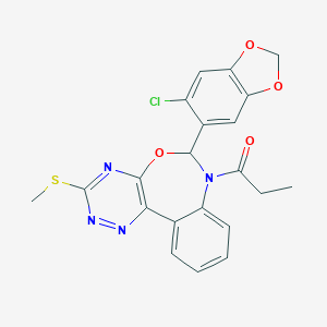 molecular formula C21H17ClN4O4S B307970 6-(6-Chloro-1,3-benzodioxol-5-yl)-3-(methylthio)-7-propionyl-6,7-dihydro[1,2,4]triazino[5,6-d][3,1]benzoxazepine 