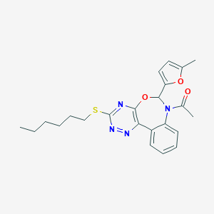 molecular formula C23H26N4O3S B307971 1-[3-(hexylsulfanyl)-6-(5-methylfuran-2-yl)[1,2,4]triazino[5,6-d][3,1]benzoxazepin-7(6H)-yl]ethanone 