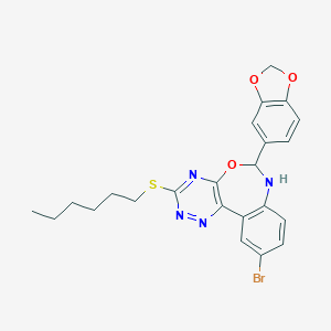 molecular formula C23H23BrN4O3S B307973 6-(1,3-Benzodioxol-5-yl)-10-bromo-3-(hexylthio)-6,7-dihydro[1,2,4]triazino[5,6-d][3,1]benzoxazepine 
