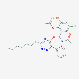 molecular formula C26H26BrClN4O4S B307974 2-[7-Acetyl-3-(hexylsulfanyl)-6,7-dihydro[1,2,4]triazino[5,6-d][3,1]benzoxazepin-6-yl]-6-bromo-4-chlorophenyl acetate 