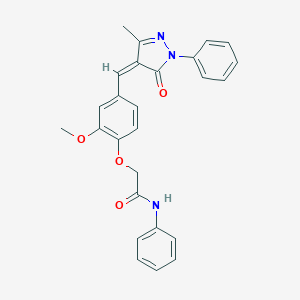 molecular formula C26H23N3O4 B307977 2-{2-methoxy-4-[(3-methyl-5-oxo-1-phenyl-1,5-dihydro-4H-pyrazol-4-ylidene)methyl]phenoxy}-N-phenylacetamide 