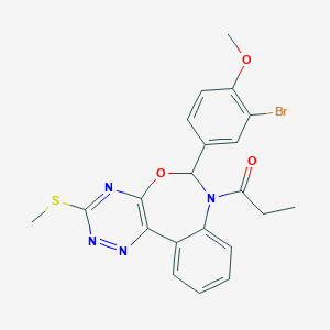 molecular formula C21H19BrN4O3S B307984 2-Bromo-4-[3-(methylsulfanyl)-7-propionyl-6,7-dihydro[1,2,4]triazino[5,6-d][3,1]benzoxazepin-6-yl]phenyl methyl ether 