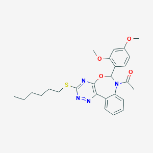 molecular formula C26H30N4O4S B307986 1-[6-(2,4-dimethoxyphenyl)-3-(hexylsulfanyl)[1,2,4]triazino[5,6-d][3,1]benzoxazepin-7(6H)-yl]ethanone 