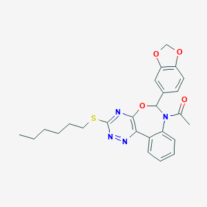 molecular formula C25H26N4O4S B307993 1-[6-(1,3-benzodioxol-5-yl)-3-(hexylsulfanyl)[1,2,4]triazino[5,6-d][3,1]benzoxazepin-7(6H)-yl]ethanone 