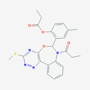 molecular formula C24H24N4O4S B307995 4-Methyl-2-[3-(methylsulfanyl)-7-propanoyl-6,7-dihydro[1,2,4]triazino[5,6-d][3,1]benzoxazepin-6-yl]phenyl propanoate 