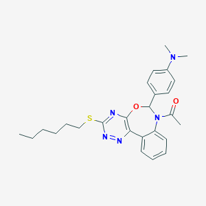 molecular formula C26H31N5O2S B308007 1-{6-[4-(dimethylamino)phenyl]-3-(hexylsulfanyl)[1,2,4]triazino[5,6-d][3,1]benzoxazepin-7(6H)-yl}ethanone 