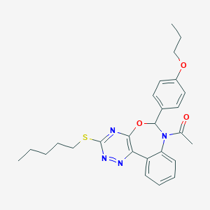 molecular formula C26H30N4O3S B308019 4-[7-Acetyl-3-(pentylsulfanyl)-6,7-dihydro[1,2,4]triazino[5,6-d][3,1]benzoxazepin-6-yl]phenyl propyl ether 