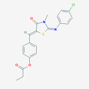 molecular formula C20H17ClN2O3S B308030 4-({2-[(4-Chlorophenyl)imino]-3-methyl-4-oxo-1,3-thiazolidin-5-ylidene}methyl)phenyl propionate 