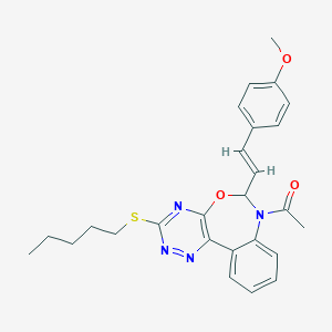 molecular formula C26H28N4O3S B308057 4-{2-[7-Acetyl-3-(pentylsulfanyl)-6,7-dihydro[1,2,4]triazino[5,6-d][3,1]benzoxazepin-6-yl]vinyl}phenyl methyl ether 