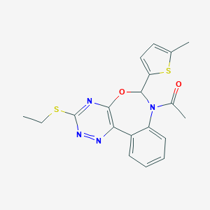 molecular formula C19H18N4O2S2 B308070 1-[3-(ethylsulfanyl)-6-(5-methylthiophen-2-yl)[1,2,4]triazino[5,6-d][3,1]benzoxazepin-7(6H)-yl]ethanone 