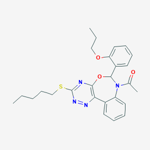 molecular formula C26H30N4O3S B308080 2-[7-Acetyl-3-(pentylsulfanyl)-6,7-dihydro[1,2,4]triazino[5,6-d][3,1]benzoxazepin-6-yl]phenyl propyl ether 