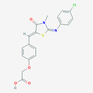 molecular formula C19H15ClN2O4S B308118 2-[4-[(Z)-[2-(4-chlorophenyl)imino-3-methyl-4-oxo-1,3-thiazolidin-5-ylidene]methyl]phenoxy]acetic acid 