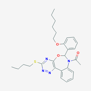 molecular formula C28H34N4O3S B308153 1-[3-(butylsulfanyl)-6-[2-(hexyloxy)phenyl][1,2,4]triazino[5,6-d][3,1]benzoxazepin-7(6H)-yl]ethanone 