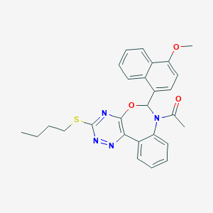 molecular formula C27H26N4O3S B308154 1-[3-(butylsulfanyl)-6-(4-methoxynaphthalen-1-yl)[1,2,4]triazino[5,6-d][3,1]benzoxazepin-7(6H)-yl]ethanone 