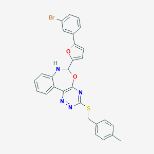 molecular formula C28H21BrN4O2S B308158 6-[5-(3-Bromophenyl)-2-furyl]-3-[(4-methylbenzyl)sulfanyl]-6,7-dihydro[1,2,4]triazino[5,6-d][3,1]benzoxazepine 