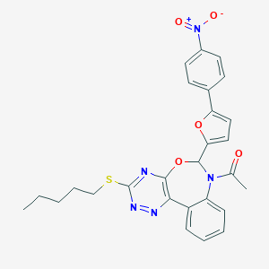 molecular formula C27H25N5O5S B308159 7-Acetyl-6-(5-{4-nitrophenyl}-2-furyl)-3-(pentylsulfanyl)-6,7-dihydro[1,2,4]triazino[5,6-d][3,1]benzoxazepine 