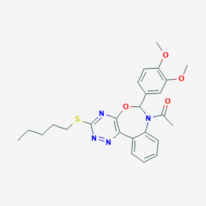 molecular formula C25H28N4O4S B308160 7-Acetyl-6-(3,4-dimethoxyphenyl)-3-(pentylsulfanyl)-6,7-dihydro[1,2,4]triazino[5,6-d][3,1]benzoxazepine 