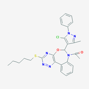 molecular formula C27H27ClN6O2S B308162 7-acetyl-6-(5-chloro-3-methyl-1-phenyl-1H-pyrazol-4-yl)-3-(pentylsulfanyl)-6,7-dihydro[1,2,4]triazino[5,6-d][3,1]benzoxazepine 