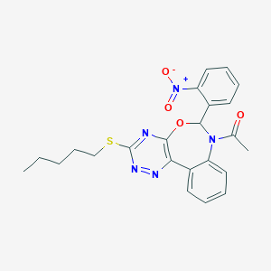 molecular formula C23H23N5O4S B308170 7-Acetyl-6-{2-nitrophenyl}-3-(pentylsulfanyl)-6,7-dihydro[1,2,4]triazino[5,6-d][3,1]benzoxazepine 
