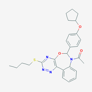 molecular formula C27H30N4O3S B308180 1-[3-(butylsulfanyl)-6-[4-(cyclopentyloxy)phenyl][1,2,4]triazino[5,6-d][3,1]benzoxazepin-7(6H)-yl]ethanone 