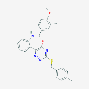 molecular formula C26H24N4O2S B308181 6-(4-Methoxy-3-methylphenyl)-3-[(4-methylbenzyl)sulfanyl]-6,7-dihydro[1,2,4]triazino[5,6-d][3,1]benzoxazepine 