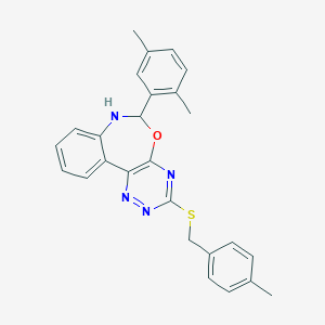 molecular formula C26H24N4OS B308183 6-(2,5-Dimethylphenyl)-3-[(4-methylbenzyl)sulfanyl]-6,7-dihydro[1,2,4]triazino[5,6-d][3,1]benzoxazepine 