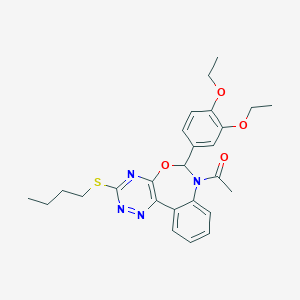 molecular formula C26H30N4O4S B308185 1-[3-(butylsulfanyl)-6-(3,4-diethoxyphenyl)[1,2,4]triazino[5,6-d][3,1]benzoxazepin-7(6H)-yl]ethanone 