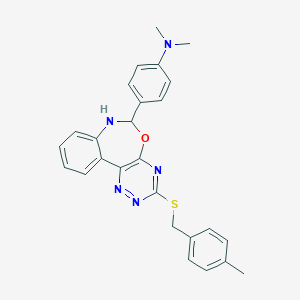 molecular formula C26H25N5OS B308214 N,N-dimethyl-4-{3-[(4-methylbenzyl)sulfanyl]-6,7-dihydro[1,2,4]triazino[5,6-d][3,1]benzoxazepin-6-yl}aniline 