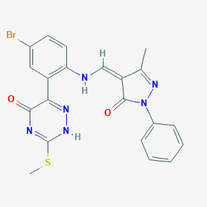 molecular formula C21H17BrN6O2S B308223 6-[5-bromo-2-[[(Z)-(3-methyl-5-oxo-1-phenylpyrazol-4-ylidene)methyl]amino]phenyl]-3-methylsulfanyl-2H-1,2,4-triazin-5-one 