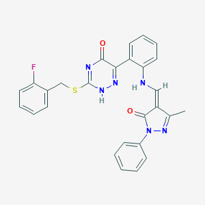molecular formula C27H21FN6O2S B308225 3-[(2-fluorophenyl)methylsulfanyl]-6-[2-[[(Z)-(3-methyl-5-oxo-1-phenylpyrazol-4-ylidene)methyl]amino]phenyl]-2H-1,2,4-triazin-5-one 