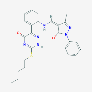 molecular formula C25H26N6O2S B308229 6-[2-[[(Z)-(3-methyl-5-oxo-1-phenylpyrazol-4-ylidene)methyl]amino]phenyl]-3-pentylsulfanyl-2H-1,2,4-triazin-5-one 