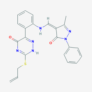 molecular formula C23H20N6O2S B308232 6-[2-[[(Z)-(3-methyl-5-oxo-1-phenylpyrazol-4-ylidene)methyl]amino]phenyl]-3-prop-2-enylsulfanyl-2H-1,2,4-triazin-5-one 