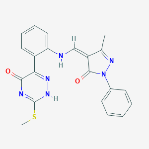 molecular formula C21H18N6O2S B308237 6-[2-[[(Z)-(3-methyl-5-oxo-1-phenylpyrazol-4-ylidene)methyl]amino]phenyl]-3-methylsulfanyl-2H-1,2,4-triazin-5-one 