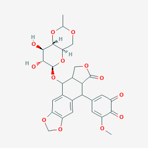 molecular formula C₂₈H₂₈O₁₃ B030825 5-[5-[[(4aR,6R,7R,8R,8aS)-7,8-二羟基-2-甲基-4,4a,6,7,8,8a-六氢吡喃[3,2-d][1,3]二氧杂环-6-基]氧基]-8-氧代-5a,6,8a,9-四氢-5H-[2]苯并呋喃[5,6-f][1,3]苯二氧杂环-9-基]-3-甲氧基环己-3,5-二烯-1,2-二酮 CAS No. 105016-65-7