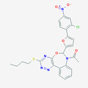 molecular formula C26H22ClN5O5S B308256 1-[3-(butylsulfanyl)-6-[5-(2-chloro-4-nitrophenyl)furan-2-yl][1,2,4]triazino[5,6-d][3,1]benzoxazepin-7(6H)-yl]ethanone 
