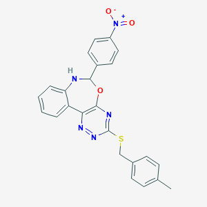 molecular formula C24H19N5O3S B308259 6-{4-Nitrophenyl}-3-[(4-methylbenzyl)sulfanyl]-6,7-dihydro[1,2,4]triazino[5,6-d][3,1]benzoxazepine 