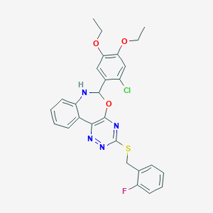 molecular formula C27H24ClFN4O3S B308265 6-(2-Chloro-4,5-diethoxyphenyl)-3-[(2-fluorobenzyl)sulfanyl]-6,7-dihydro[1,2,4]triazino[5,6-d][3,1]benzoxazepine 