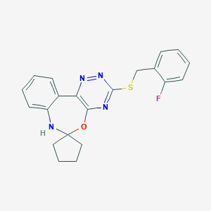 molecular formula C21H19FN4OS B308277 3-[(2-Fluorobenzyl)sulfanyl]-6,7-dihydrospiro[{1,2,4}triazino[5,6-d][3,1]benzoxazepine-6,1'-cyclopentane] 
