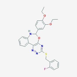 molecular formula C27H25FN4O3S B308283 6-(3,4-Diethoxyphenyl)-3-[(2-fluorobenzyl)sulfanyl]-6,7-dihydro[1,2,4]triazino[5,6-d][3,1]benzoxazepine 