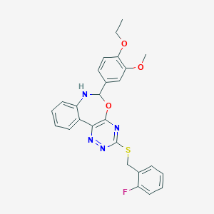 molecular formula C26H23FN4O3S B308312 6-(4-Ethoxy-3-methoxyphenyl)-3-[(2-fluorobenzyl)sulfanyl]-6,7-dihydro[1,2,4]triazino[5,6-d][3,1]benzoxazepine 
