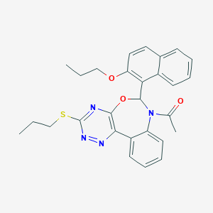 molecular formula C28H28N4O3S B308319 1-[6-(2-propoxynaphthalen-1-yl)-3-(propylsulfanyl)[1,2,4]triazino[5,6-d][3,1]benzoxazepin-7(6H)-yl]ethanone 