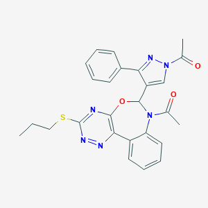 molecular formula C26H24N6O3S B308322 1-[6-(1-acetyl-3-phenyl-1H-pyrazol-4-yl)-3-(propylsulfanyl)[1,2,4]triazino[5,6-d][3,1]benzoxazepin-7(6H)-yl]ethanone 