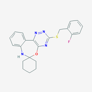 molecular formula C22H21FN4OS B308326 3-[(2-Fluorobenzyl)sulfanyl]-6,7-dihydrospiro([1,2,4]triazino[5,6-d][3,1]benzoxazepine-6,1'-cyclohexane) 
