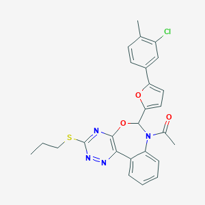 molecular formula C26H23ClN4O3S B308336 1-{6-[5-(3-chloro-4-methylphenyl)furan-2-yl]-3-(propylsulfanyl)[1,2,4]triazino[5,6-d][3,1]benzoxazepin-7(6H)-yl}ethanone 
