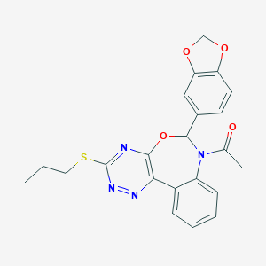 molecular formula C22H20N4O4S B308337 1-[6-(1,3-benzodioxol-5-yl)-3-(propylsulfanyl)[1,2,4]triazino[5,6-d][3,1]benzoxazepin-7(6H)-yl]ethanone 