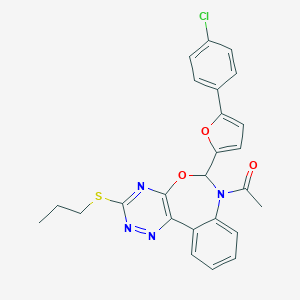 molecular formula C25H21ClN4O3S B308339 1-{6-[5-(4-chlorophenyl)furan-2-yl]-3-(propylsulfanyl)[1,2,4]triazino[5,6-d][3,1]benzoxazepin-7(6H)-yl}ethanone 